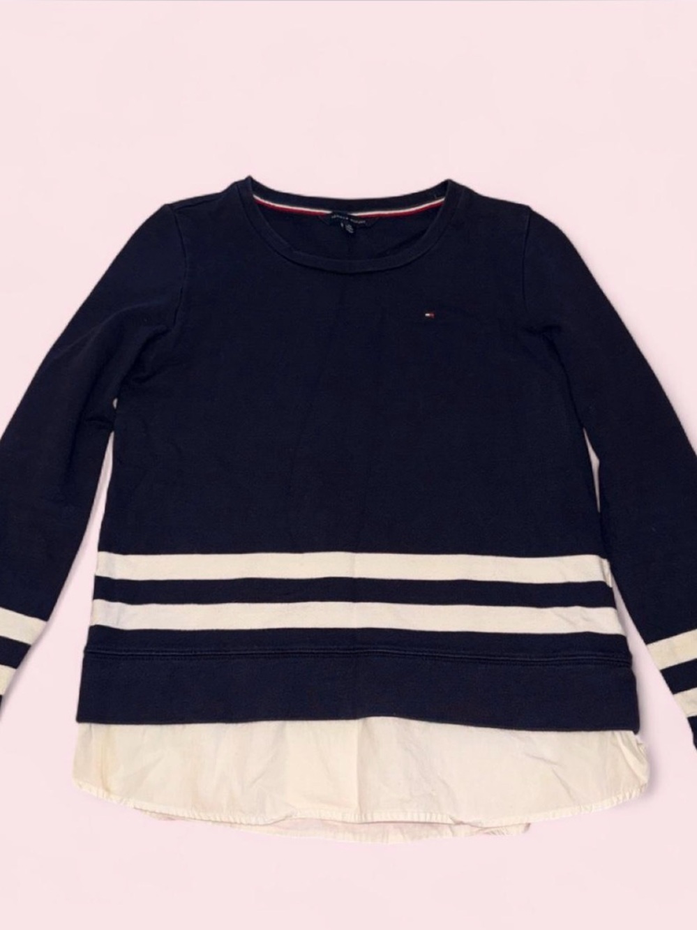 Tommy Hilfiger Navy and White Layered Hem Sweater Top